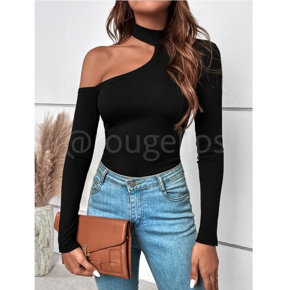 Black Off One Shoulder Asymmetrical Slim Fit Shirt Top Mock Neck - Picture 5 of 13